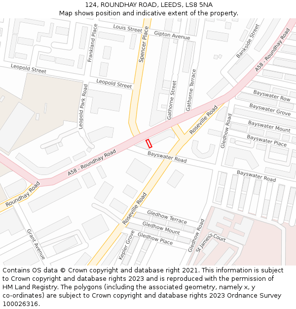 124, ROUNDHAY ROAD, LEEDS, LS8 5NA: Location map and indicative extent of plot