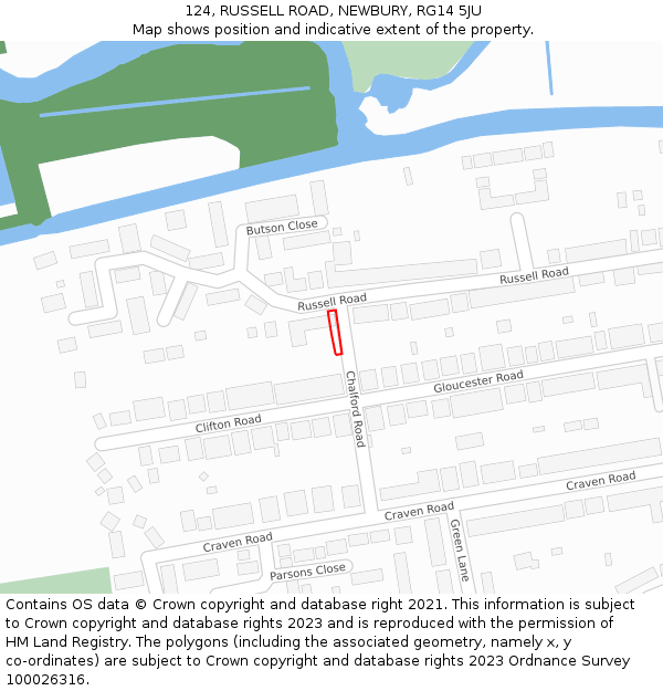 124, RUSSELL ROAD, NEWBURY, RG14 5JU: Location map and indicative extent of plot