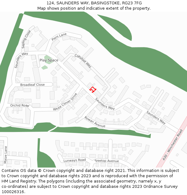 124, SAUNDERS WAY, BASINGSTOKE, RG23 7FG: Location map and indicative extent of plot