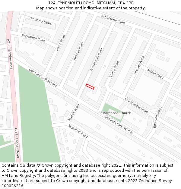 124, TYNEMOUTH ROAD, MITCHAM, CR4 2BP: Location map and indicative extent of plot