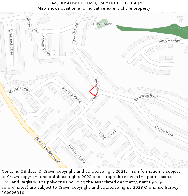 124A, BOSLOWICK ROAD, FALMOUTH, TR11 4QA: Location map and indicative extent of plot
