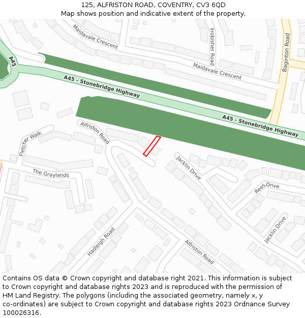 125, ALFRISTON ROAD, COVENTRY, CV3 6QD: Location map and indicative extent of plot