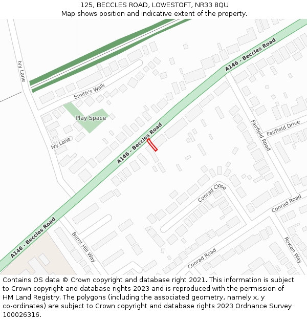 125, BECCLES ROAD, LOWESTOFT, NR33 8QU: Location map and indicative extent of plot