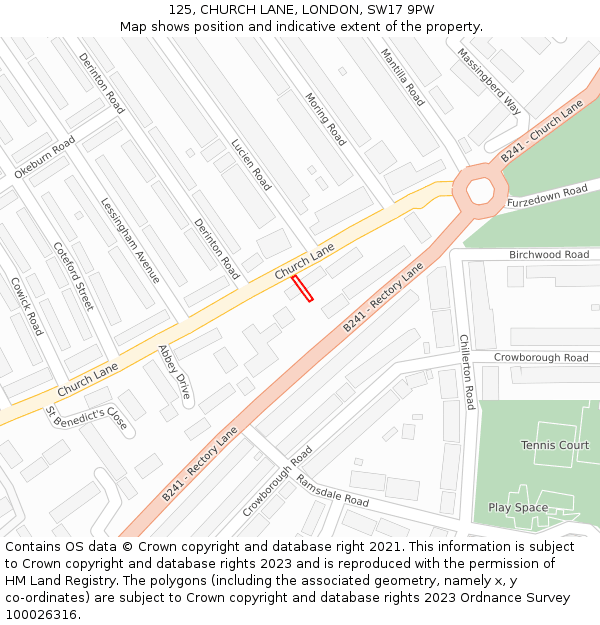 125, CHURCH LANE, LONDON, SW17 9PW: Location map and indicative extent of plot