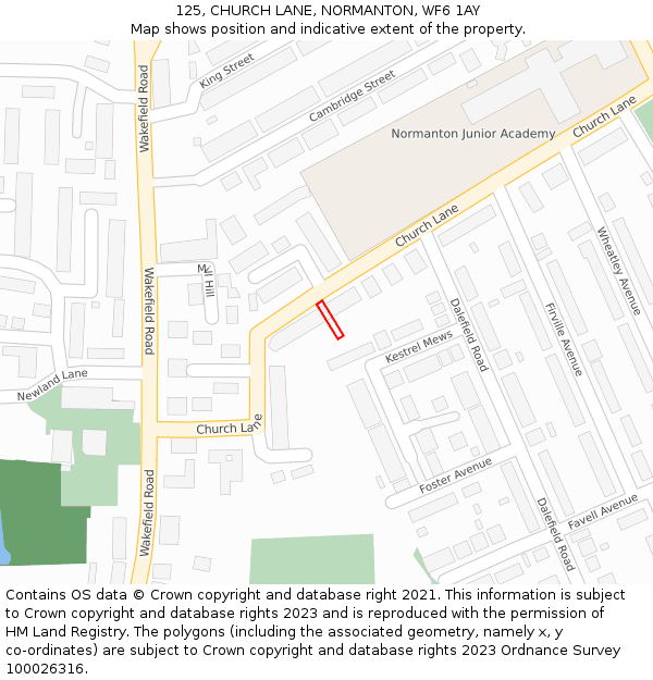 125, CHURCH LANE, NORMANTON, WF6 1AY: Location map and indicative extent of plot