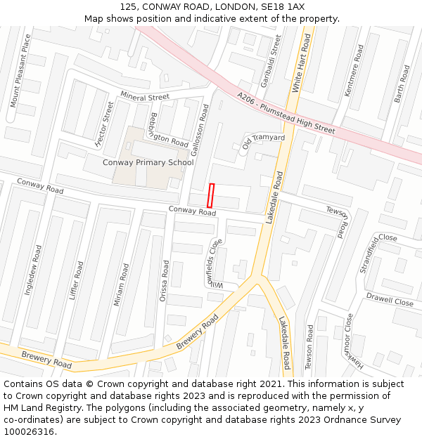 125, CONWAY ROAD, LONDON, SE18 1AX: Location map and indicative extent of plot