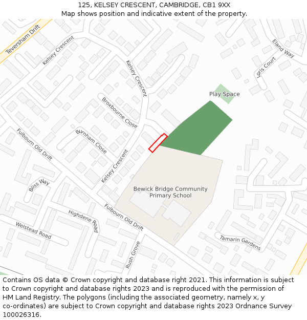 125, KELSEY CRESCENT, CAMBRIDGE, CB1 9XX: Location map and indicative extent of plot