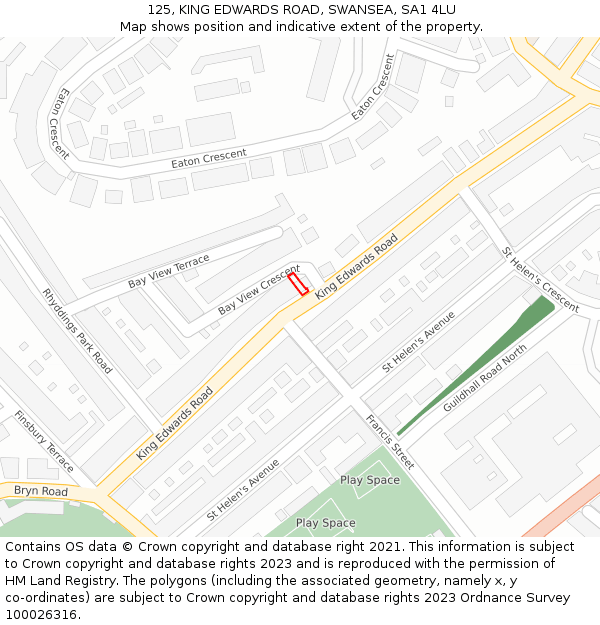 125, KING EDWARDS ROAD, SWANSEA, SA1 4LU: Location map and indicative extent of plot