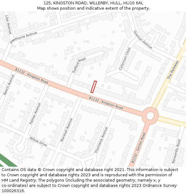 125, KINGSTON ROAD, WILLERBY, HULL, HU10 6AL: Location map and indicative extent of plot