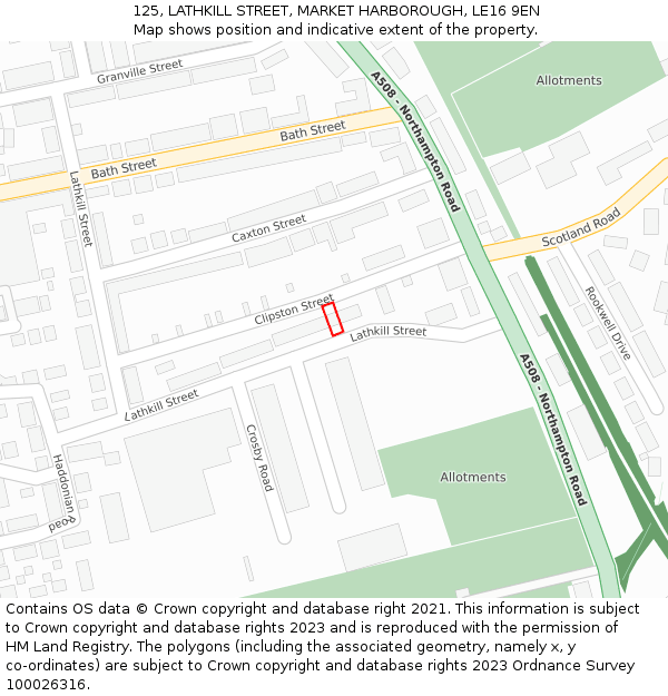 125, LATHKILL STREET, MARKET HARBOROUGH, LE16 9EN: Location map and indicative extent of plot