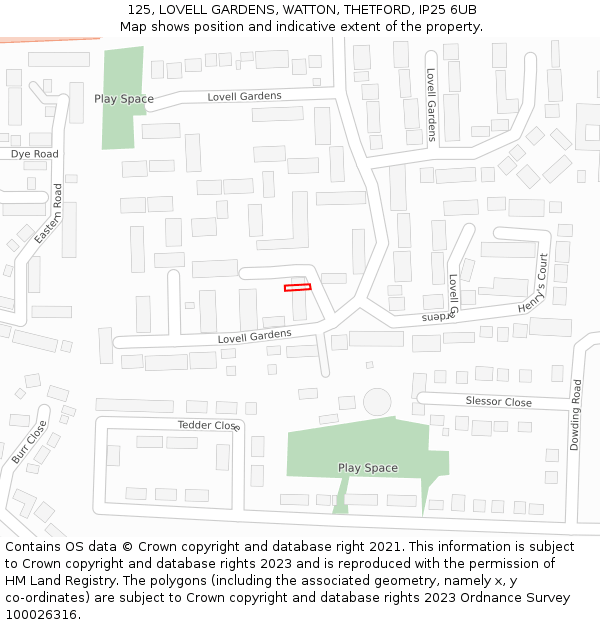 125, LOVELL GARDENS, WATTON, THETFORD, IP25 6UB: Location map and indicative extent of plot