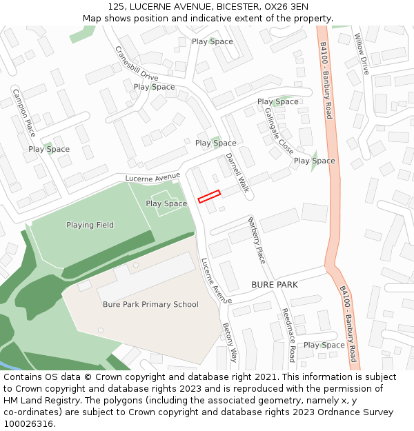 125, LUCERNE AVENUE, BICESTER, OX26 3EN: Location map and indicative extent of plot
