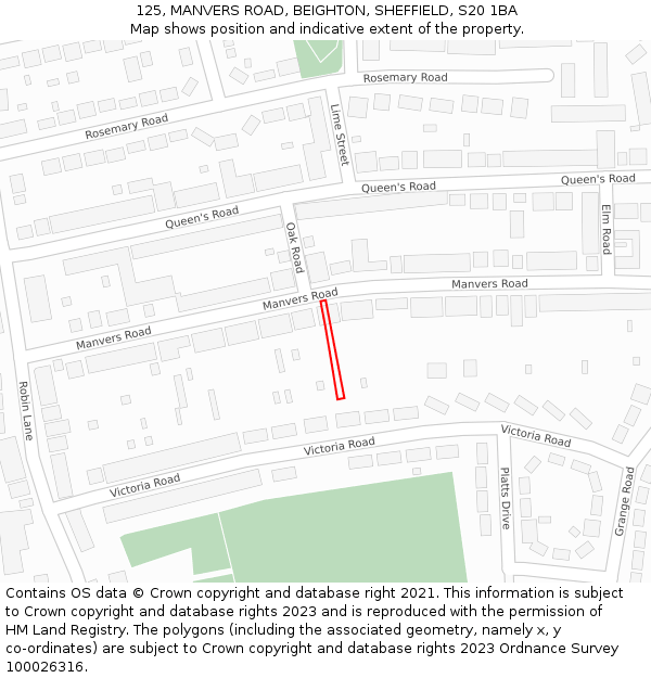 125, MANVERS ROAD, BEIGHTON, SHEFFIELD, S20 1BA: Location map and indicative extent of plot
