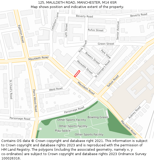 125, MAULDETH ROAD, MANCHESTER, M14 6SR: Location map and indicative extent of plot