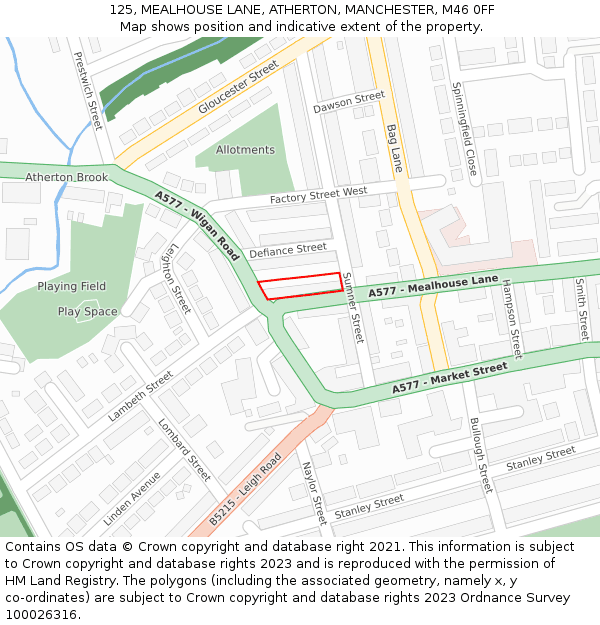 125, MEALHOUSE LANE, ATHERTON, MANCHESTER, M46 0FF: Location map and indicative extent of plot
