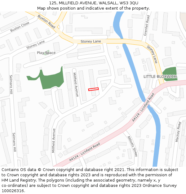 125, MILLFIELD AVENUE, WALSALL, WS3 3QU: Location map and indicative extent of plot