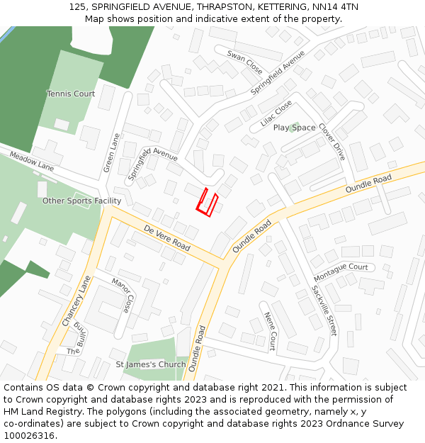 125, SPRINGFIELD AVENUE, THRAPSTON, KETTERING, NN14 4TN: Location map and indicative extent of plot