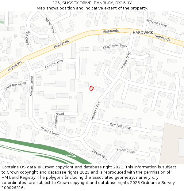 125, SUSSEX DRIVE, BANBURY, OX16 1YJ: Location map and indicative extent of plot