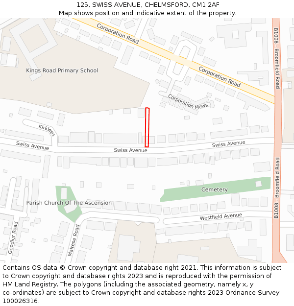 125, SWISS AVENUE, CHELMSFORD, CM1 2AF: Location map and indicative extent of plot