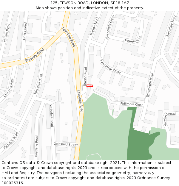 125, TEWSON ROAD, LONDON, SE18 1AZ: Location map and indicative extent of plot