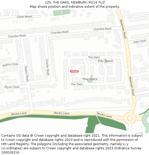 125, THE OAKS, NEWBURY, RG14 7UZ: Location map and indicative extent of plot