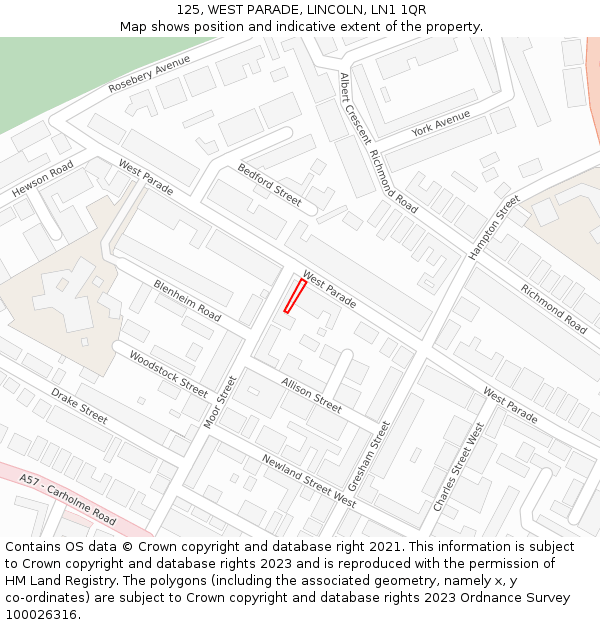 125, WEST PARADE, LINCOLN, LN1 1QR: Location map and indicative extent of plot