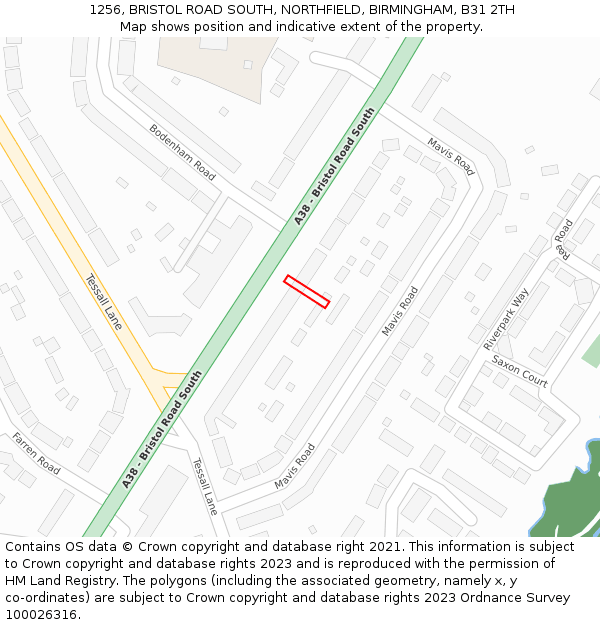1256, BRISTOL ROAD SOUTH, NORTHFIELD, BIRMINGHAM, B31 2TH: Location map and indicative extent of plot