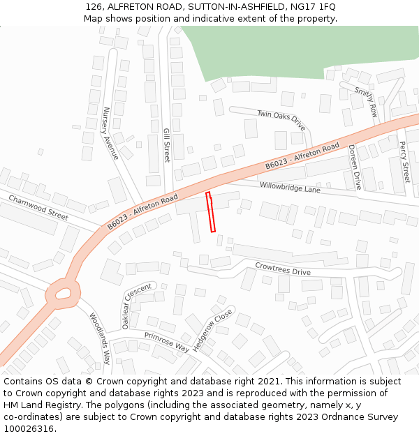 126, ALFRETON ROAD, SUTTON-IN-ASHFIELD, NG17 1FQ: Location map and indicative extent of plot