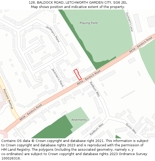 126, BALDOCK ROAD, LETCHWORTH GARDEN CITY, SG6 2EL: Location map and indicative extent of plot