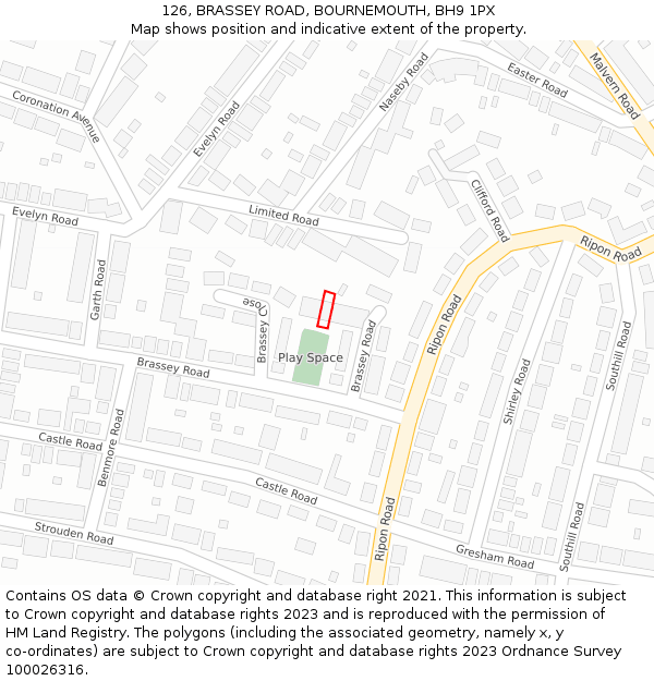 126, BRASSEY ROAD, BOURNEMOUTH, BH9 1PX: Location map and indicative extent of plot