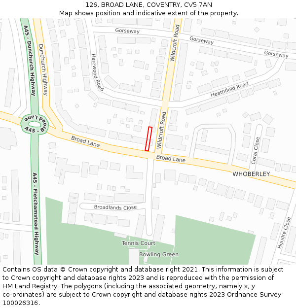 126, BROAD LANE, COVENTRY, CV5 7AN: Location map and indicative extent of plot