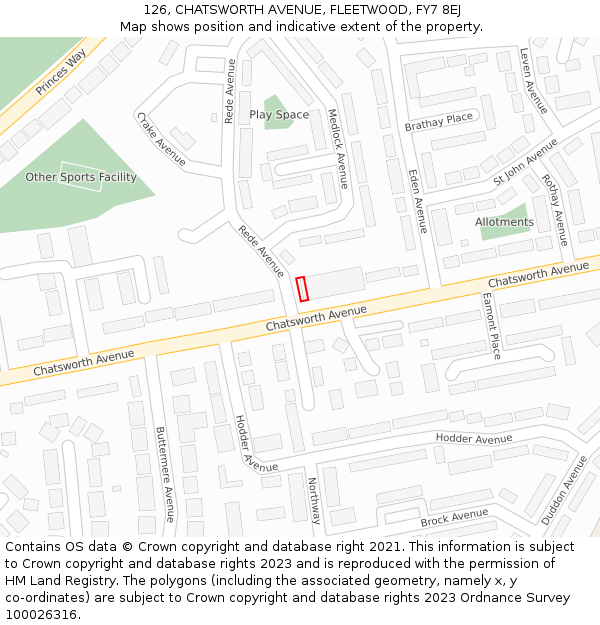 126, CHATSWORTH AVENUE, FLEETWOOD, FY7 8EJ: Location map and indicative extent of plot