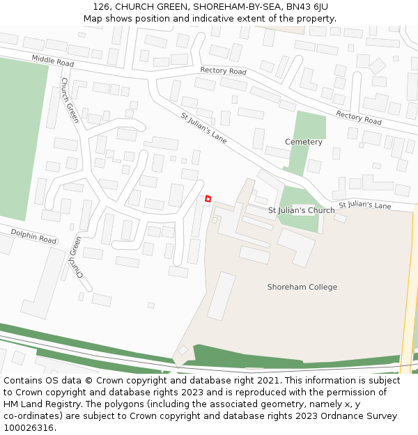 126, CHURCH GREEN, SHOREHAM-BY-SEA, BN43 6JU: Location map and indicative extent of plot