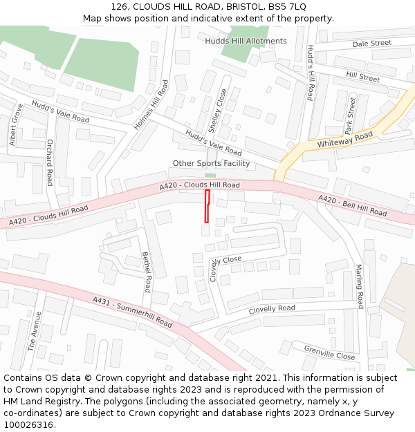 126, CLOUDS HILL ROAD, BRISTOL, BS5 7LQ: Location map and indicative extent of plot