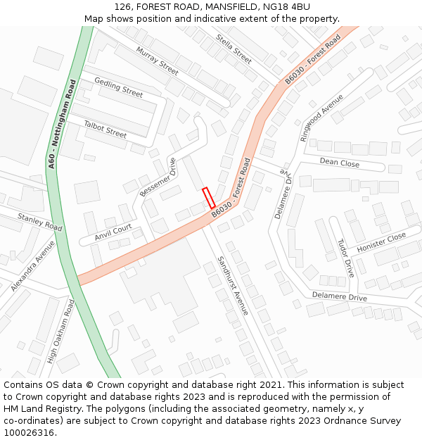 126, FOREST ROAD, MANSFIELD, NG18 4BU: Location map and indicative extent of plot