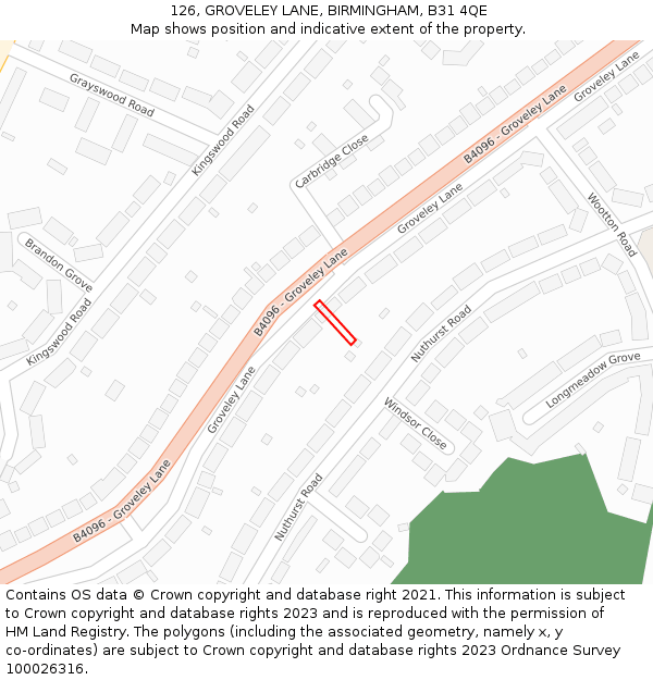 126, GROVELEY LANE, BIRMINGHAM, B31 4QE: Location map and indicative extent of plot