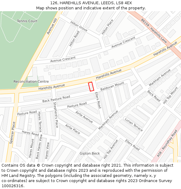 126, HAREHILLS AVENUE, LEEDS, LS8 4EX: Location map and indicative extent of plot
