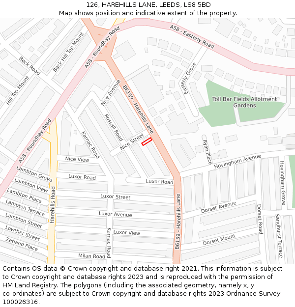126, HAREHILLS LANE, LEEDS, LS8 5BD: Location map and indicative extent of plot