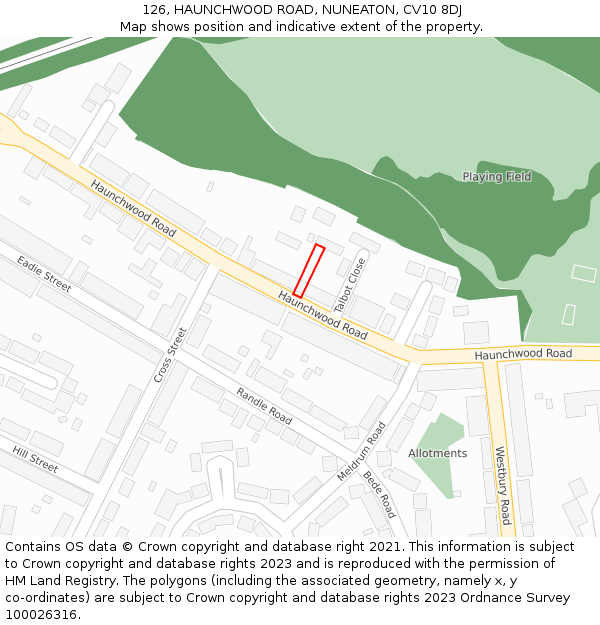 126, HAUNCHWOOD ROAD, NUNEATON, CV10 8DJ: Location map and indicative extent of plot