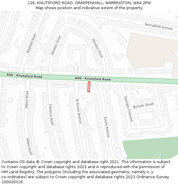 126, KNUTSFORD ROAD, GRAPPENHALL, WARRINGTON, WA4 2PW: Location map and indicative extent of plot