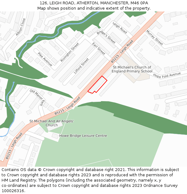 126, LEIGH ROAD, ATHERTON, MANCHESTER, M46 0PA: Location map and indicative extent of plot
