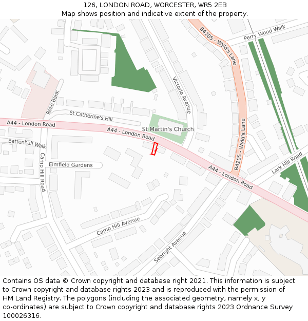 126, LONDON ROAD, WORCESTER, WR5 2EB: Location map and indicative extent of plot