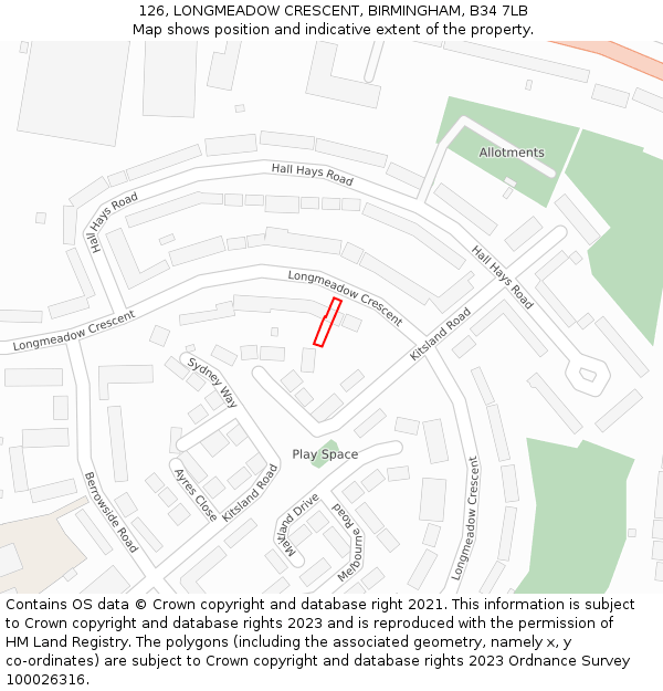 126, LONGMEADOW CRESCENT, BIRMINGHAM, B34 7LB: Location map and indicative extent of plot