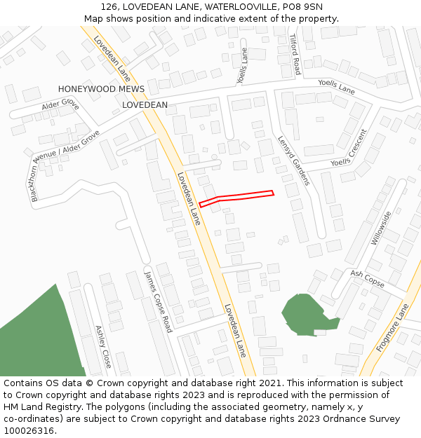 126, LOVEDEAN LANE, WATERLOOVILLE, PO8 9SN: Location map and indicative extent of plot