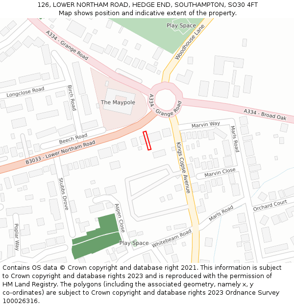 126, LOWER NORTHAM ROAD, HEDGE END, SOUTHAMPTON, SO30 4FT: Location map and indicative extent of plot