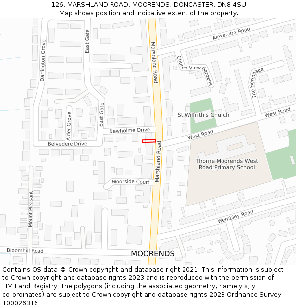 126, MARSHLAND ROAD, MOORENDS, DONCASTER, DN8 4SU: Location map and indicative extent of plot