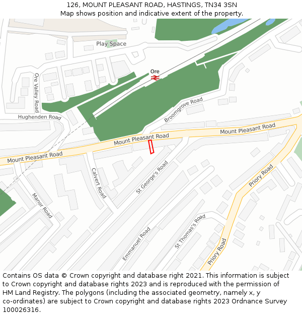 126, MOUNT PLEASANT ROAD, HASTINGS, TN34 3SN: Location map and indicative extent of plot