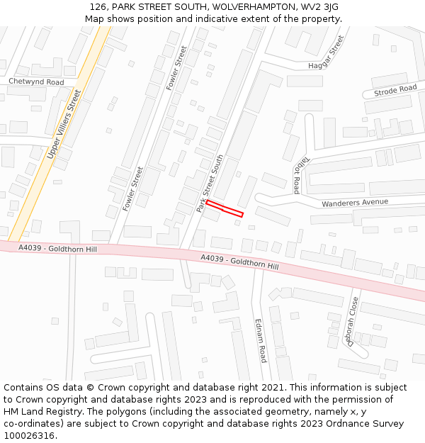 126, PARK STREET SOUTH, WOLVERHAMPTON, WV2 3JG: Location map and indicative extent of plot