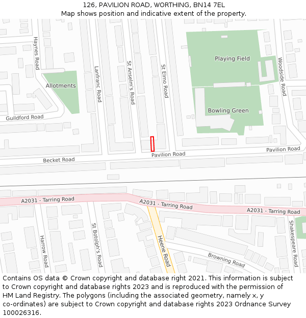 126, PAVILION ROAD, WORTHING, BN14 7EL: Location map and indicative extent of plot