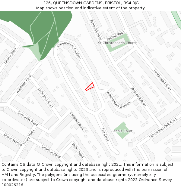 126, QUEENSDOWN GARDENS, BRISTOL, BS4 3JG: Location map and indicative extent of plot